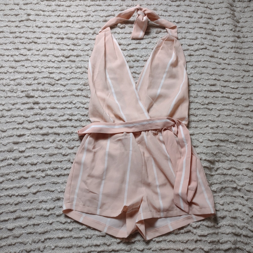 Peach striped halter romper